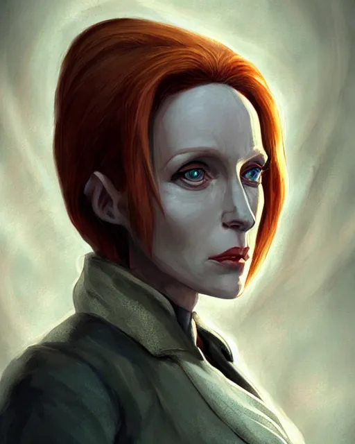 Prompt: Dana Scully as an elf warlock, casting chaos magic, D&D character art, realistic digital painting, fantasy art, digital painting, character portrait, intricate ornamentation, by WLOP, Artstation Trending, Wayne Reynolds