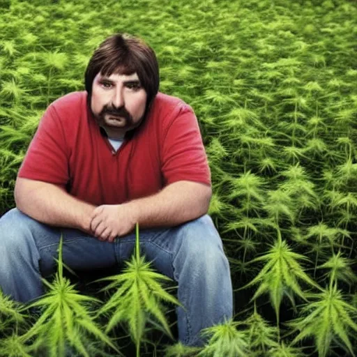 Prompt: randy marsh from south park sitting in the field of weed he grows on tegridy farms, 4 k