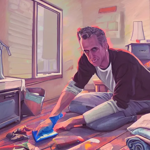 Image similar to painting of jordan peterson cleaning his messy room in the style of award winning artstation