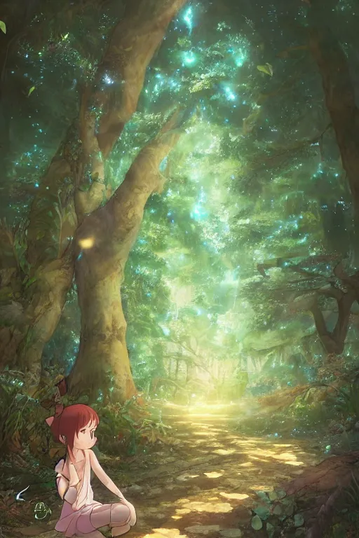 Image similar to forest path, fairy, beautiful ancient trees, hiding large treasure chest, glowing fireflies, serene evening atmosphere, soft lens, soft light, cel - shading, animation, in the style of cgsociety, deviantart, artstation, zbrush, cinema 4 d, studio ghibli, akihiko yoshida, atelier lulua, masamune shirow