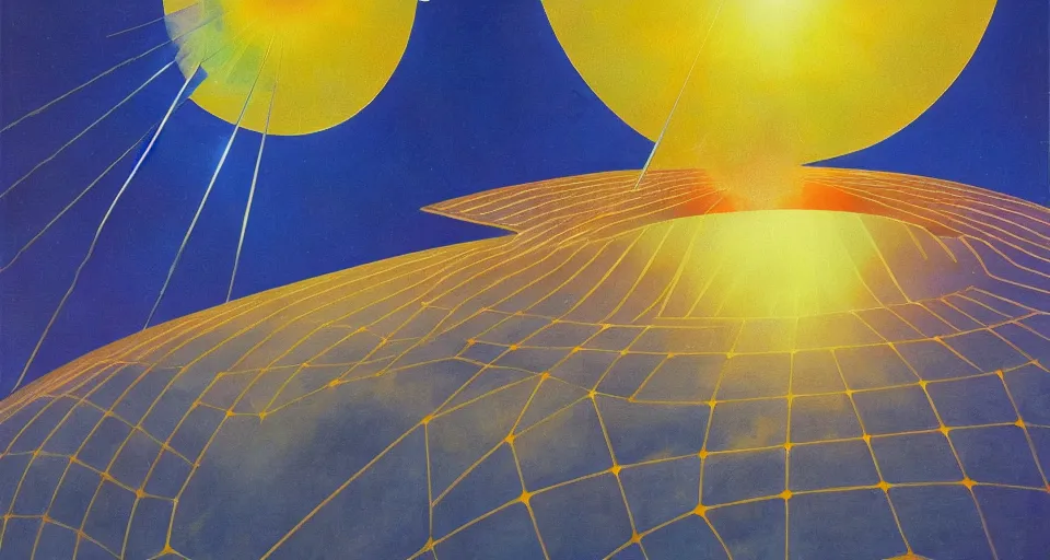 Image similar to solar sail in the shape of a hexagon between the sun and earth, art deco painting