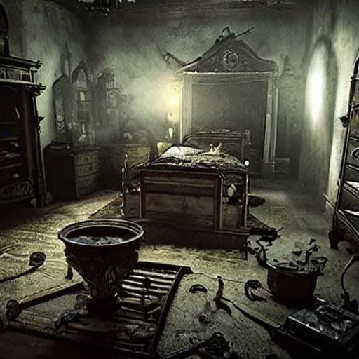 Image similar to room of a dark mansion, objects from ritual in the ground, realistic, highly detailed, background of resident evil game, guillermo del toro