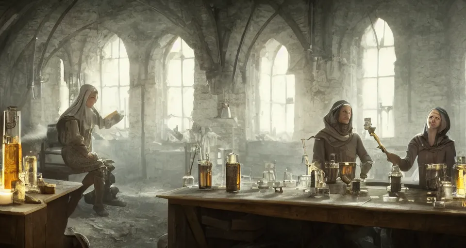 Prompt: two medieval alchemists working in dusty old laboratory with flasks and glassware, candles on the walls, style of Greg Rutkowski. 8k Hyperrealistic, octane render, unreal engine