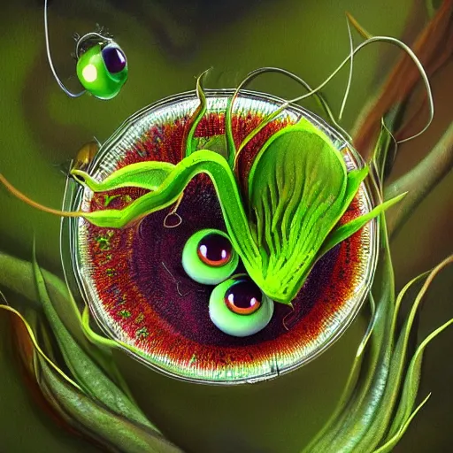 Prompt: cute anthropormorphic furry carniverous plants venus fly trap with large round eyes with long eyelashes and big teeth detailed painting 4 k