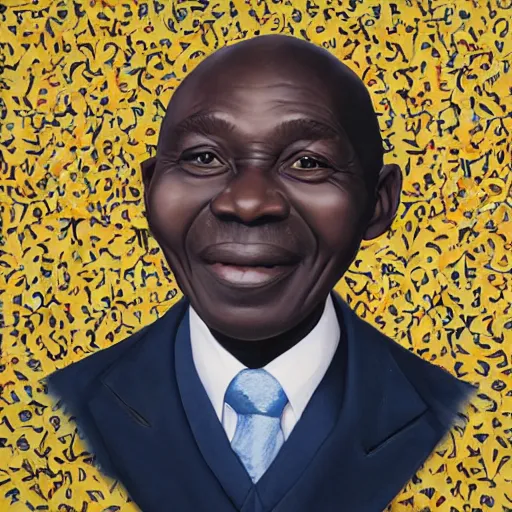 Image similar to a painting of a round face, XXL , smiley, Loving, caring, generous, ever-present, humble, wise elder from Kenya in a suit by Kehinde Wiley . Fatherly/daddy, focused, loving, leader, relaxed,. ethereal lights, details, smooth, sharp focus, illustration, realistic, cinematic, artstation, award winning, rgb , unreal engine, octane render, cinematic light, macro, depth of field, blur, red light and clouds from the back, highly detailed epic cinematic concept art CG render made in Maya, Blender and Photoshop, octane render, excellent composition, dynamic dramatic cinematic lighting, aesthetic, very inspirational, arthouse.