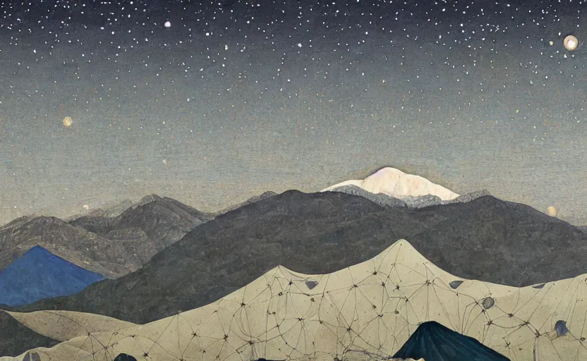 Prompt: mountains, stars and paisley filled sky, artstation, intricate, highly detailed, digital painting, concept art, sharp focus, illustration by Piero della Francesca and James Jean