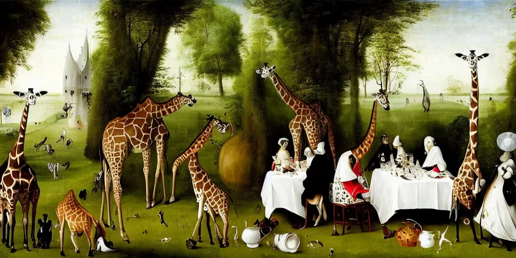 Image similar to elegant victorian tea party with giraffes in an english summer garden patio, hyper realistic hieronymus bosch - h 7 6 8