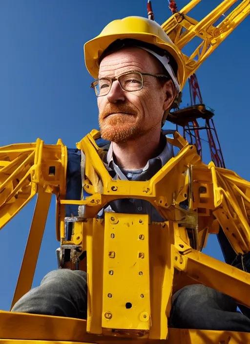 Prompt: closeup portrait of mecha bryan cranston construction crane frame, yellow hardhat, natural light, bloom, detailed face, magazine, press, photo, steve mccurry, david lazar, canon, nikon, focus c 9. 0