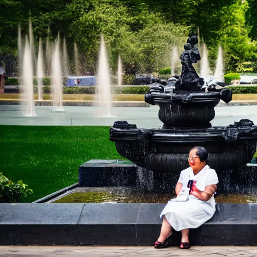 Prompt: a woman in maid uniform is sitting on a edge of a fountain in park, 8k, photo taken with Sony a7R camera