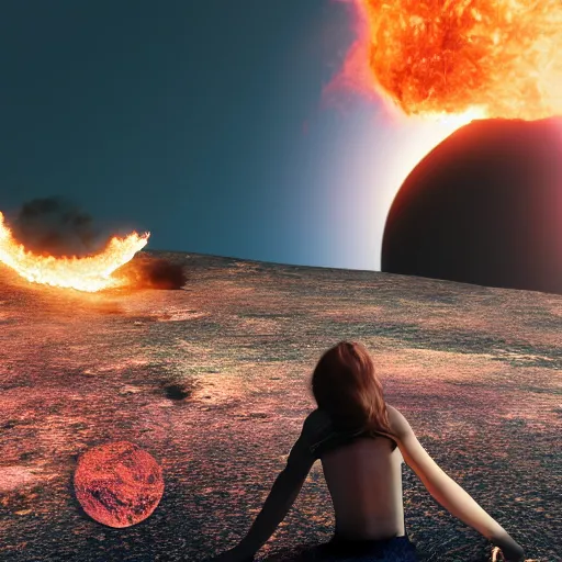 Image similar to a girl on a hill watching a flaming asteroid fall from space, octane render very realistic beatiful