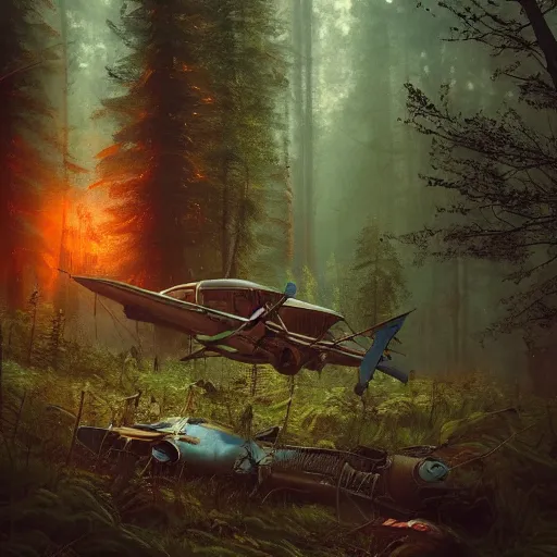 Prompt: a young pilot next to his crashed plane in a forest, steampunk, an epic fantasy, dramatic lighting, cinematic, establishing shot, extremely high detail, photorealistic, cinematic lighting, artstation, by simon stalenhag, christopher nolan