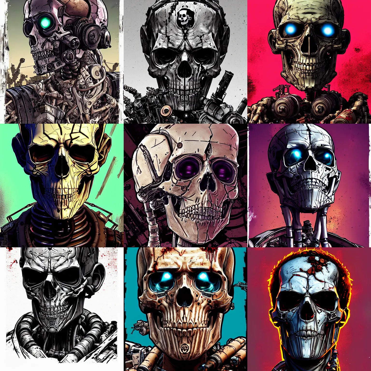 Prompt: borderlands 3 !!! mark zuckerberg! cell shaded! terminator endoskeleton exposed skull scary head portrait of terminator exposed skeleton of mark zuckerberg! cyborg as Borderlands 3 concept art, llustration, postapocalyptic grunge, concept art by Laurie Greasley, highly detailed, sharp focus,alien, HQ, 4K ,art by Laurie Greasley