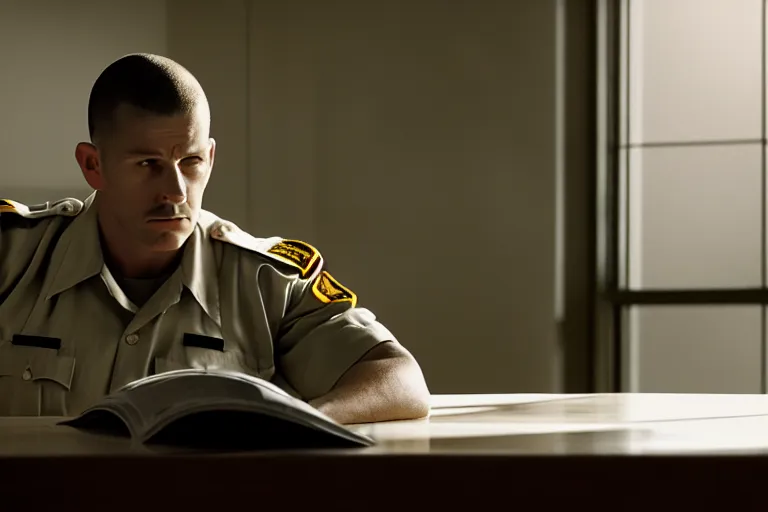 Prompt: a cinematic painting of a male prison guard, sat at a desk, ultra realistic, dramatic, soft light, dreamy, facial features, detailed, deep focus, movie still, dramatic, ray tracing, by annie leibovitz