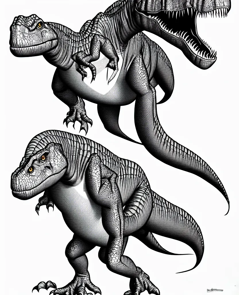 Image similar to trex dinosaur, symmetrical, accurate, simple clean lines, black and white, no shading, coloring book, graphic art, line art, vector art, by martina matteucci, pavel shvedov, peter lundqvist, diane ramic, artstation