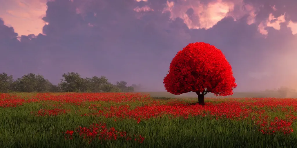 Image similar to a single big red tree in the middle of a battlefield near a bunch of red flowers at sunrise, hyperrealistic, concept art, octane render, unreal engine 5, trending on Artstation, high quality, 8K, dramatic lighting, cinematic, high coherence, highly detailed, Midjourney style, epic scene, path traced, low contrast, complementary colors