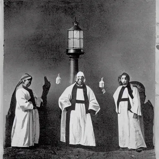 Prompt: worshippers dressed in robes and holding lanterns, belonging to the cult of the lighthouse. Dilapidated 1800s lighthouse. 1800s photo. Very detailed and clear image.