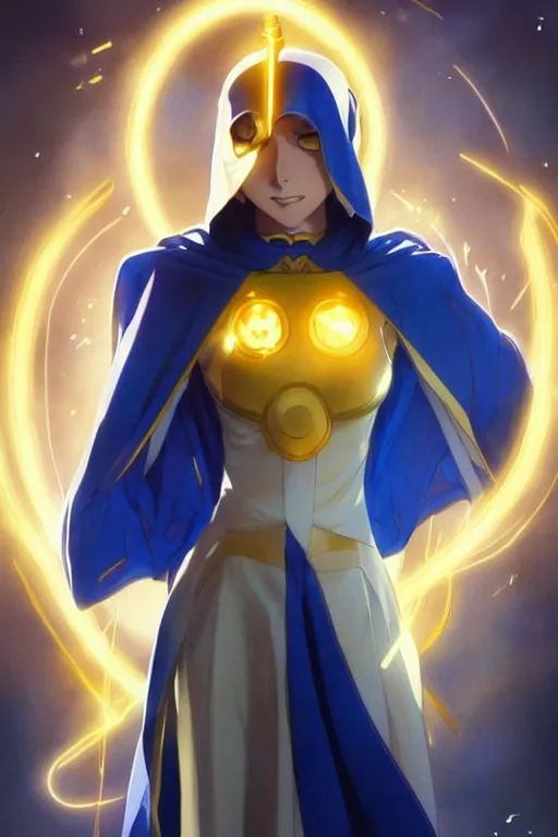 Image similar to anime key visual of a beautiful young female doctor fate!! intricate, cape, glowing, powers, dc comics, cinematic, stunning, highly detailed, digital painting, artstation, smooth, hard focus, illustration, art by artgerm and greg rutkowski and alphonse mucha