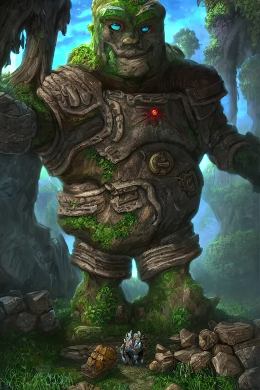 Image similar to zelda fantasy art giant golem troll wood rock greeble gemstone, global illumination ray tracing hdr fanart arstation by sung choi and eric pfeiffer and gabriel garza and casper konefal