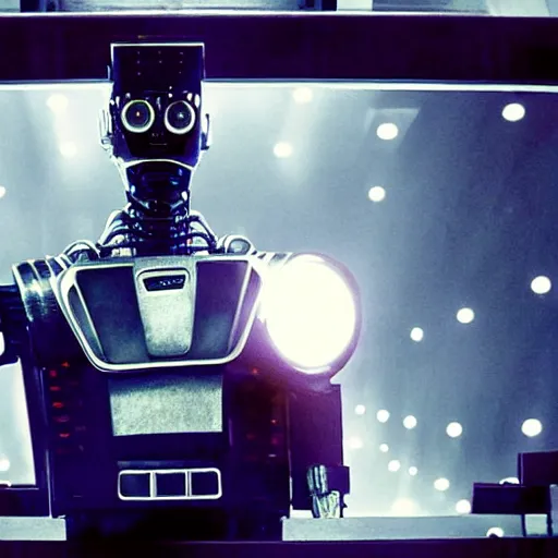 Image similar to movie still of robot bruno mars, cinematic composition, cinematic light, criterion collection, by edgar wright