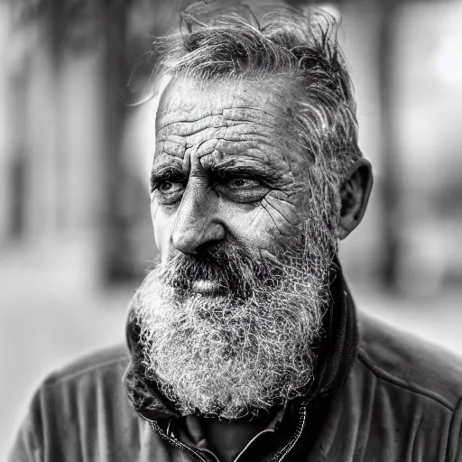 Image similar to A 4x5 portrait of a dishevelled man who has witnessed the worst in humanity, 200mm lens, bokeh, depth of field, black & white, grainy, rule of thirds