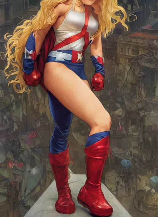 Prompt: toned young april with a mischievous face and extremely long blonde wavy hair dressed as superhero in her early 2 0 s, posing with hands behind back, captain america, tight fit, curvaceous, intricate detailed face, shiny, artgerm, greg rutkowski, alphonse mucha