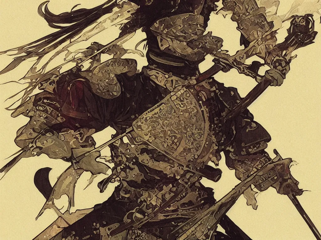 Image similar to close up of a samurai in full armor, by fiona staples, alphonse mucha, sachin teng