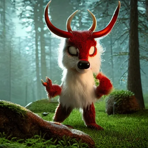 Image similar to ultrarealistic creature fluffy animal with horns and short legs and arms and red eyes, forest scene, octane render, highly detailed, cinematic lightning