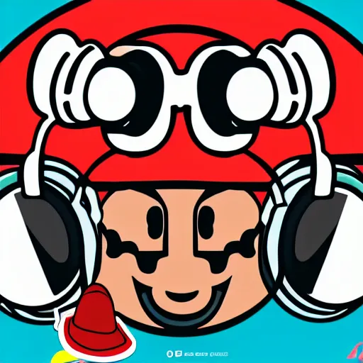 Image similar to svg sticker of a Pop-Wonder SuperMario, Mario-Wearing-a-red-hat, at a rave, spinning records, giant headphones rocking out, wearing headphones, huge speakers, dancing, rave, DJ, spinning records, digital art, amazing composition, rule-of-thirds, award-winning, trending on artstation, featured on deviantart