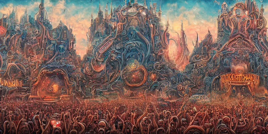 Image similar to tomorrowland in the style of a mastodon album cover, highly detailed, intricate, industrial art style, digital painting, artstation, 3 5 mm film grain