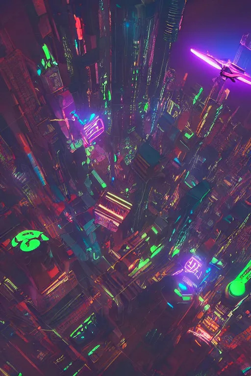 Prompt: cyberpunk city with a flight vehicle glowing in the sky, neon sign, bottom view, wide shot, bladerunner, digital illustration, concept art