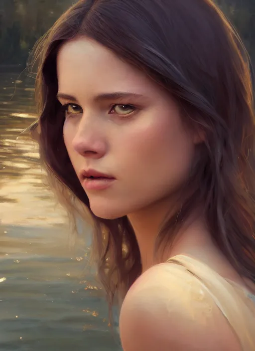 Prompt: cinematic shot of an epic portrait of a gentle girl by the lake, shiny skin, beautiful eyes, beautiful, small details, night setting, realistic poster with volumetric light from craig mallism, artgerm, jeremy lipkin and michael garmash, unreal engine, radiant light, detailed and complex environment, digital art, trends at art station