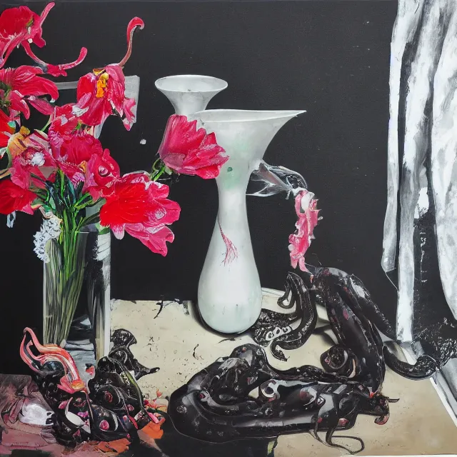 Image similar to empty room with black walls, sensual portrait of a woman, broken vase, spilled flowers, puddle of water, octopus, squashed berries, neo - expressionism, surrealism, acrylic and spray paint and oilstick on canvas