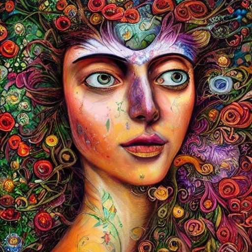 Prompt: a painting of a woman's face surrounded by flowers, a surrealist painting by josephine wall and ( ( ( alice mason ) ) ), deviantart, psychedelic art, psychedelic, biomorphic, detailed painting