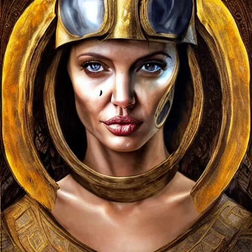 Prompt: Angelina Jolie as ancient greek woman in golden helmet, giant grey-haired bearded Liam Neeson face in the sky, epic fantasy style art, fantasy epic digital art