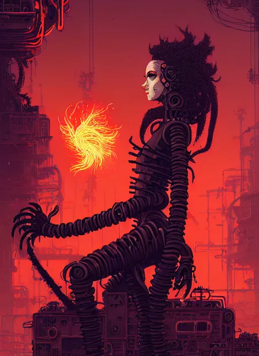 Image similar to highly detailed portrait of wasteland punk long curly fire hair tribal lady, stray wiring by atey ghailan, james gilleard, by joe fenton, by greg rutkowski, by greg tocchini, by kaethe butcher, 4 k resolution, gradient red, orange, black and white color scheme!!! ( ( flaming robotic dystopian city spiral background ) )