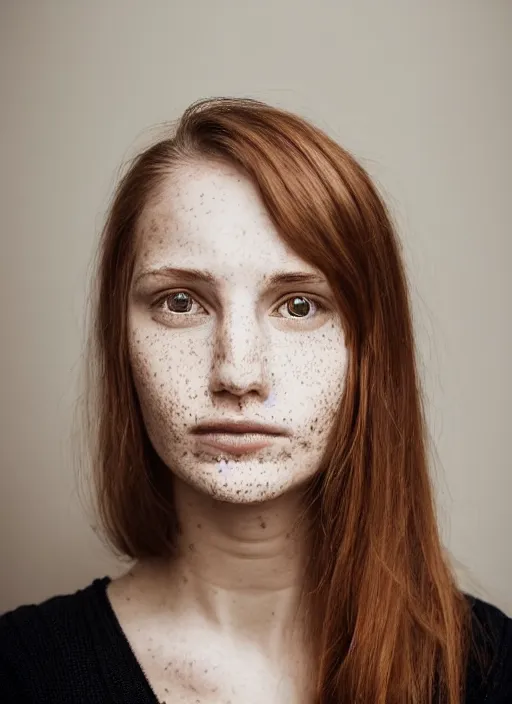 Prompt: portrait of a 2 3 year old woman, symmetrical face, freckles, she has the beautiful calm face of her mother, slightly smiling, ambient light