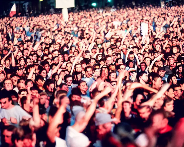 Image similar to crowd in vienna rage against mecha zack de la rocha with a broken leg, shot on kodak portra 4 0 0 3 5 mm film