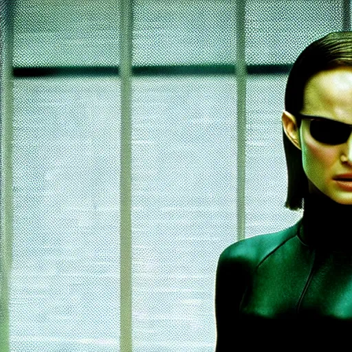 Image similar to close - up of natalie portman as agent smith in the matrix, movie still frame, promotional image, imax 7 0 mm footage