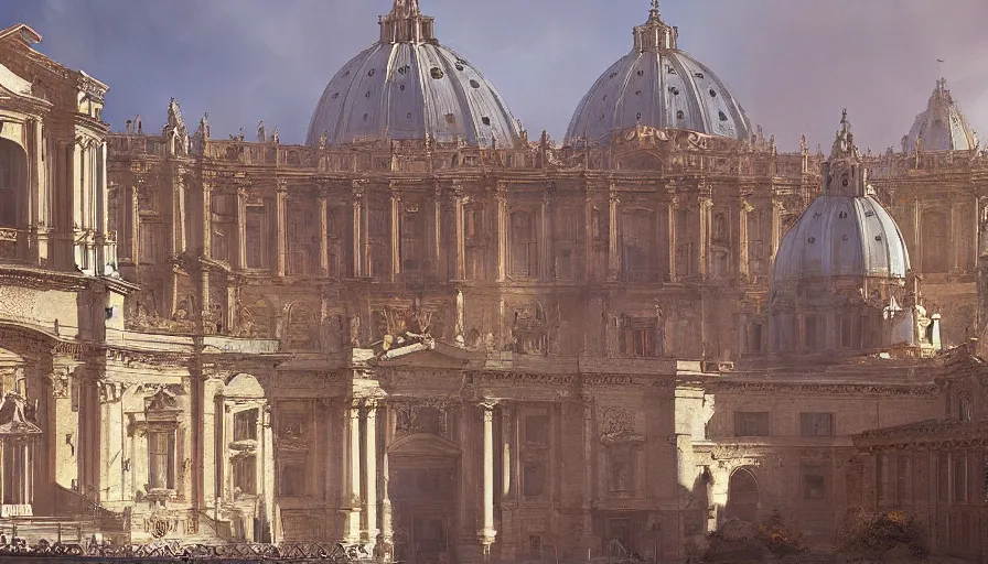 Image similar to craig mullins digital illustration of vatican city in 1 4 9 2, strong contrast, sunny morning, raking light, unreal engine, hyper realism, realistic shading, cinematic composition, realistic render, octane render, detailed textures, photorealistic, wide shot