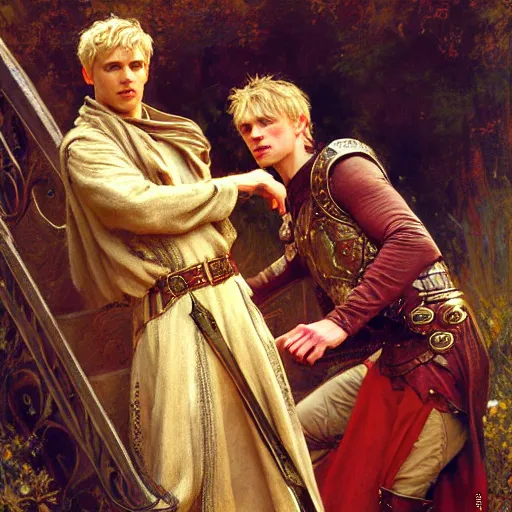 Image similar to attractive, arthur pendragon in love with attractive male, merlin the mage. highly detailed painting by gaston bussiere, craig mullins, j. c. leyendecker