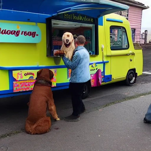 Prompt: dog selling ice cream from an ice cream van