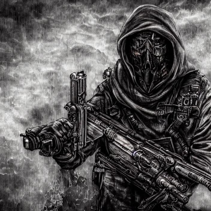 Image similar to gritty hooded apocalyptic man shouldering laser - rifle surrounded by destroyed machine, hyper - detailed, sharp focus, 4 k ultra hd, fantasy dark art, apocalyptic art