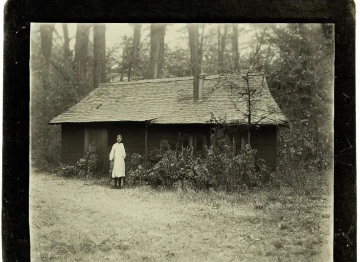 Prompt: sinister black and white old photography of a small house in the woods. a man standing still outside. daguerreotype photo