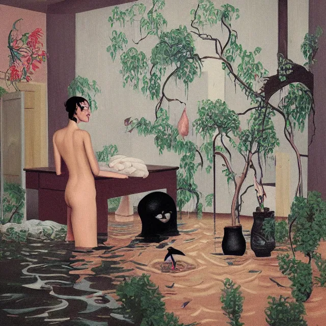 Image similar to tall female emo artist in her flooded kitchen, water gushing from ceiling, painting of flood waters inside an artist's home, a river flooding indoors, pomegranates, pigs, ikebana, zen, water, octopus, river, rapids, waterfall, black swans, canoe, berries, acrylic on canvas, surrealist, by magritte and monet