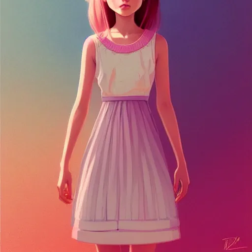 Image similar to young girl in summer dress art, pastel light pink long hair, muted colors, matte print, pastel colors, ornate, digital art, digital painting, fan art, elegant, artstation, head is centered, by Ilya Kuvshinov