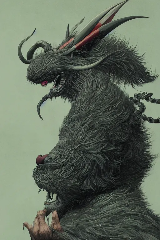 Image similar to a portrait of a japanese devil animal illustrated by miyazaki by karol bak, james jean, tom bagshaw, rococo, sharp focus, trending on artstation, cinematic lighting, hyper realism, octane render, 8 k, hyper detailed, vivid, ultra detailed, highly detailed