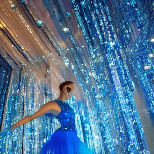 Prompt: translucent glass woman, blue sparkling diamond dress, dancing on a endless mirror floor, ultra detailed, 4 k, foto