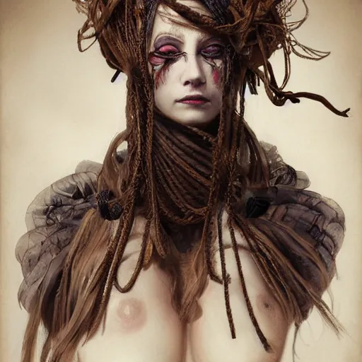 Image similar to portrait of a Shibari rope wrapped face and neck, headshot, insanely nice professional hair style, dramatic hair color, digital painting, of a old 17th century, old cyborg merchant, amber jewels, baroque, ornate clothing, scifi, realistic, hyperdetailed, chiaroscuro, concept art, art by Franz Hals and Jon Foster and Ayami Kojima and Amano and Karol Bak,