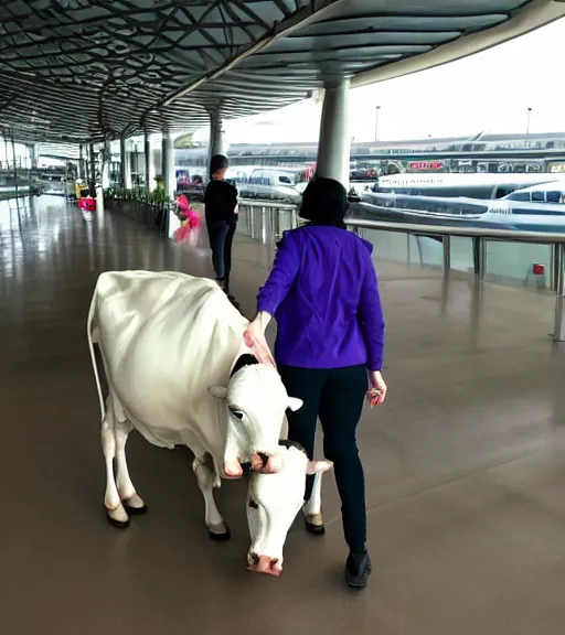 Prompt: walking on two feet dairy cow face with woman suited body at the! dream walking on two feet dairy cow with woman face at the airport