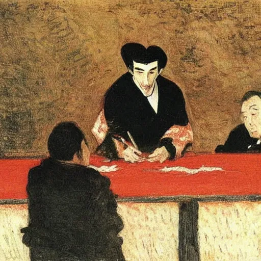 Image similar to dracula as an aging sumo signing autographs by monet